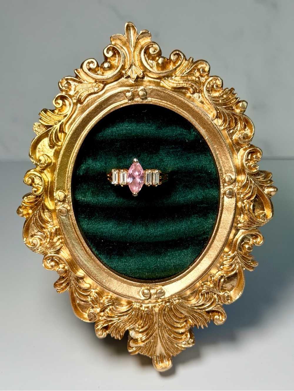 Vintage Pink Marquise Ring Gold Tone Glam Statement Ring